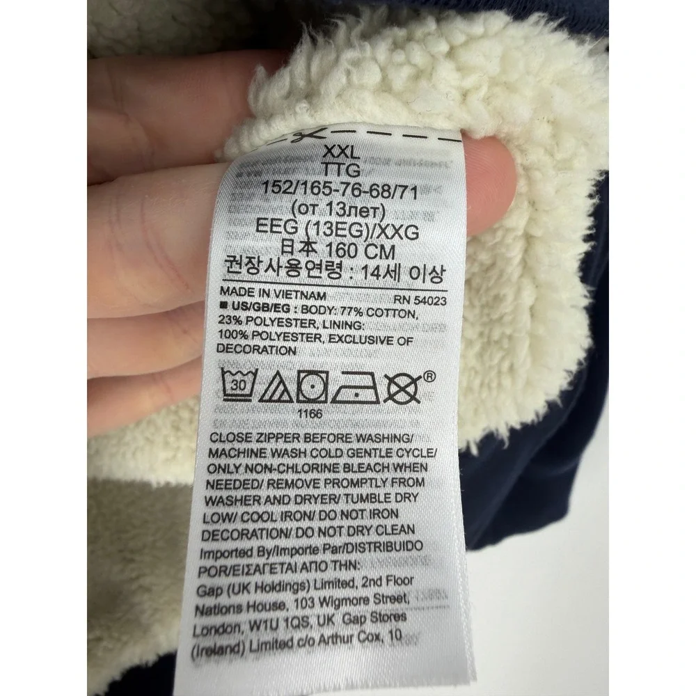 Gap Kids Navy Blue Sherpa Lined Full Zip Logo Hoodie Sweatshirt XXL 14-16